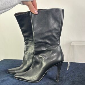 Bournazos Black Leather Mid Calf Heels